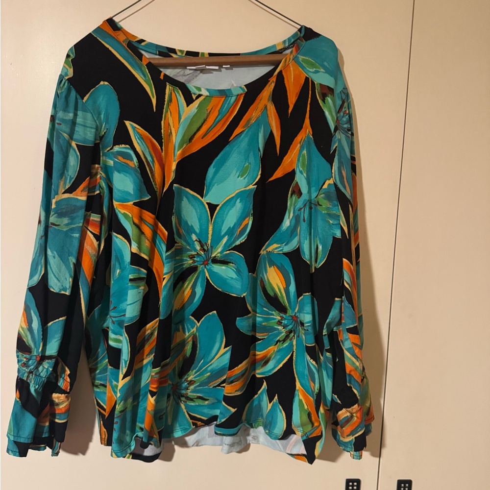 Chico's Vibrant Teal and Orange Floral Blouse